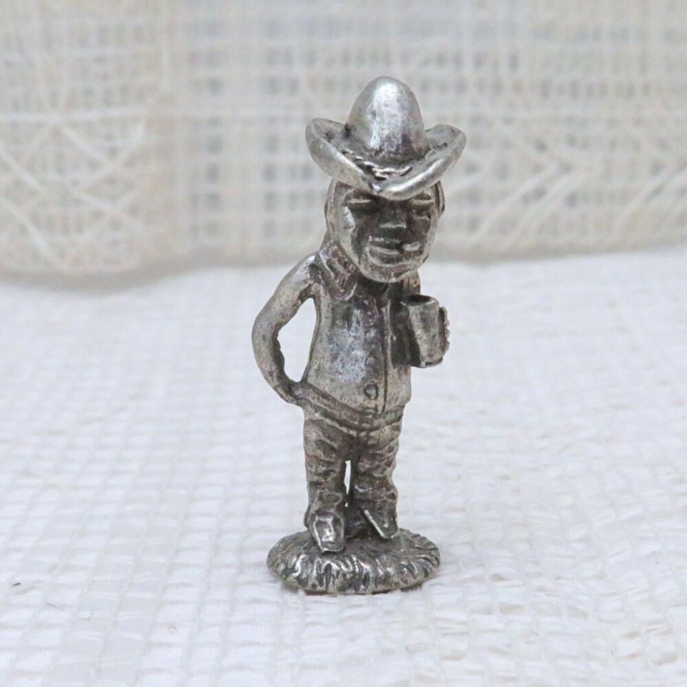 Vintage Pewter Cowboy with Beer Gut Figurine, Miniature Cowboy Holding Beer